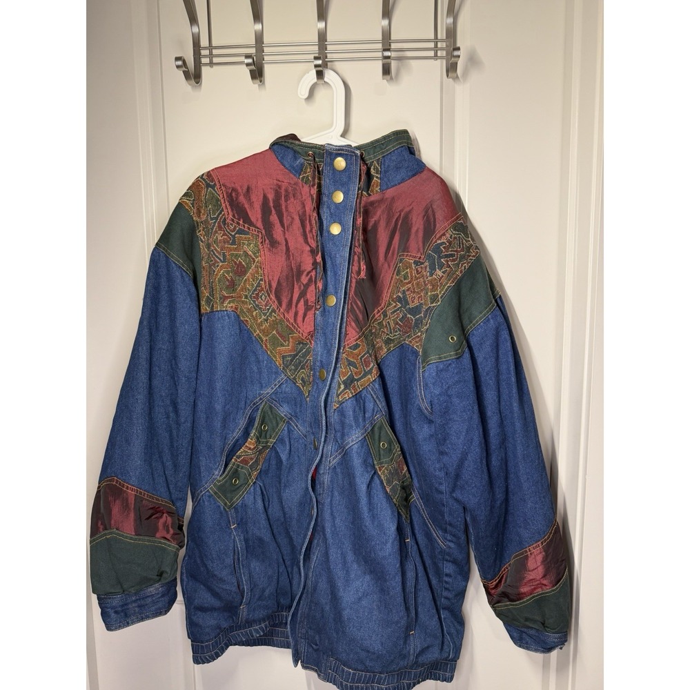 vintage 80s 90s Two-Twenty Women's Long Denim Jacket Patchwork Tapestry Aztec L